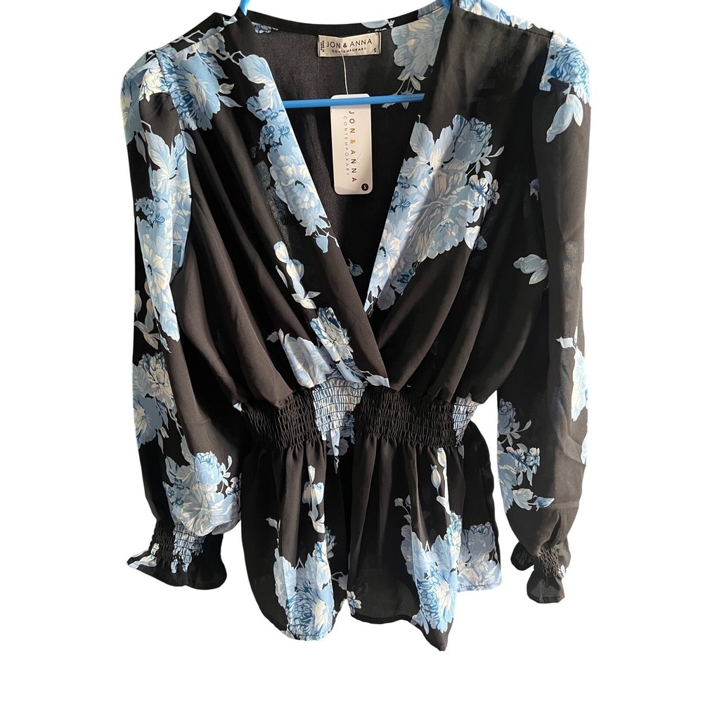 NEW Jon & Anna Contemporary Black Blue Floral Smocked Waist Peplum Blouse Small